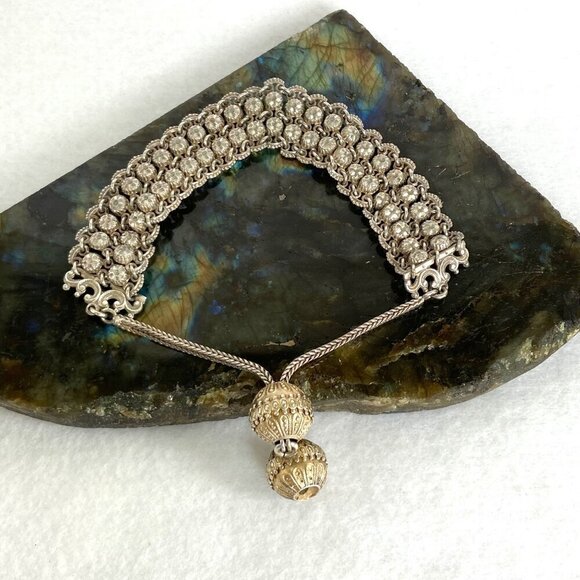 Vintage Antique 800 Silver 2 Row Diamond Cut Adjustable Foxtail Slide Bracelet - Picture 3 of 17